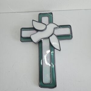 Stained glass Tiffany Styl cross Crucifix White dove Sun catcher bird 3D Window
